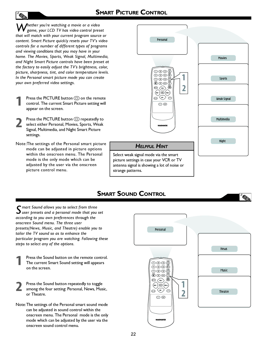 Magnavox 32MF605W, 26MF605W owner manual Smart Picture Control, Smart Sound Control 