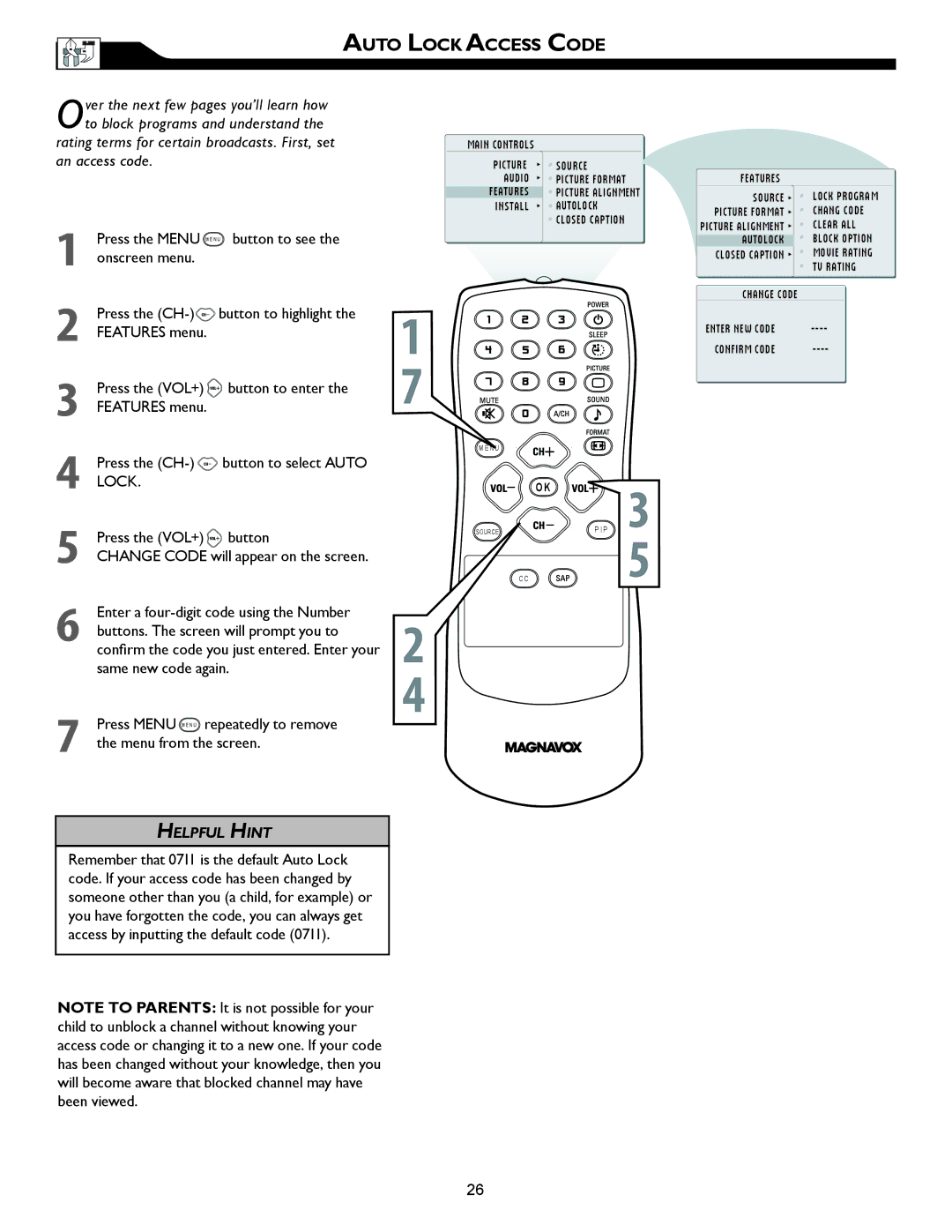 Magnavox 32MF605W, 26MF605W owner manual Auto Lock Access Code 