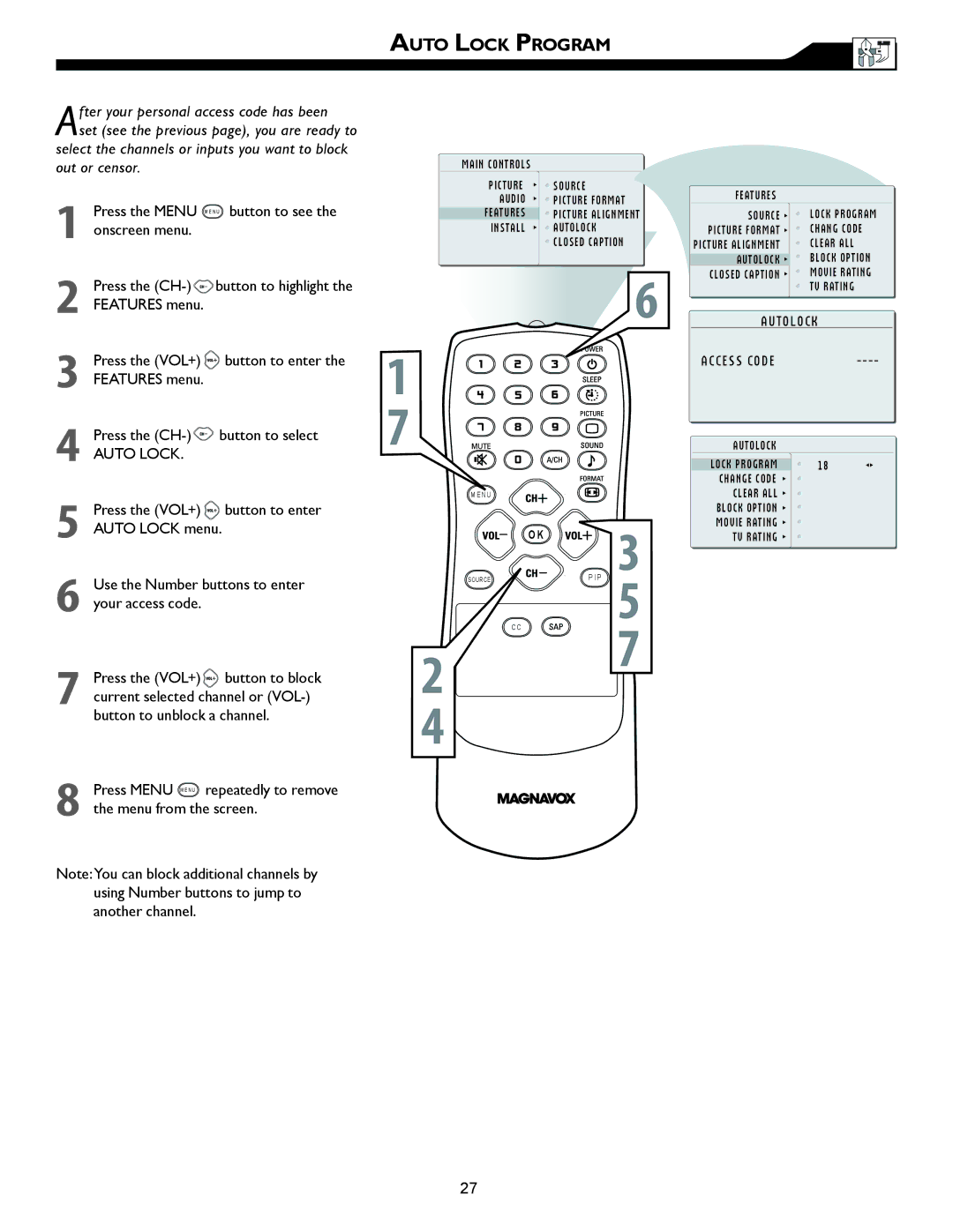 Magnavox 26MF605W, 32MF605W owner manual Auto Lock Program 