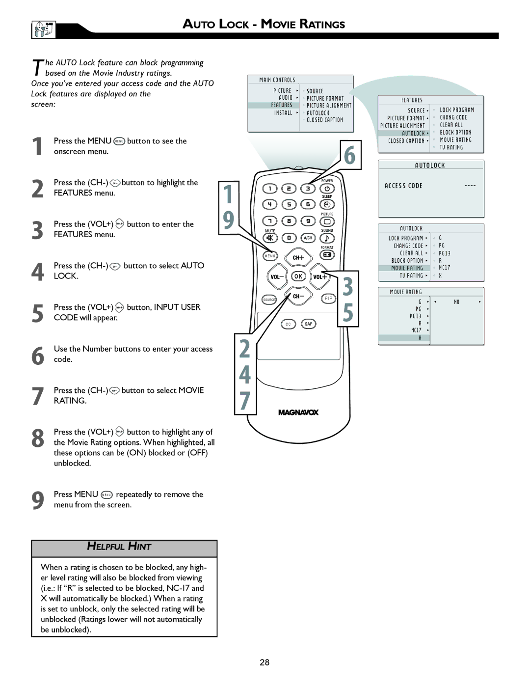 Magnavox 32MF605W, 26MF605W owner manual Auto Lock Movie Ratings 
