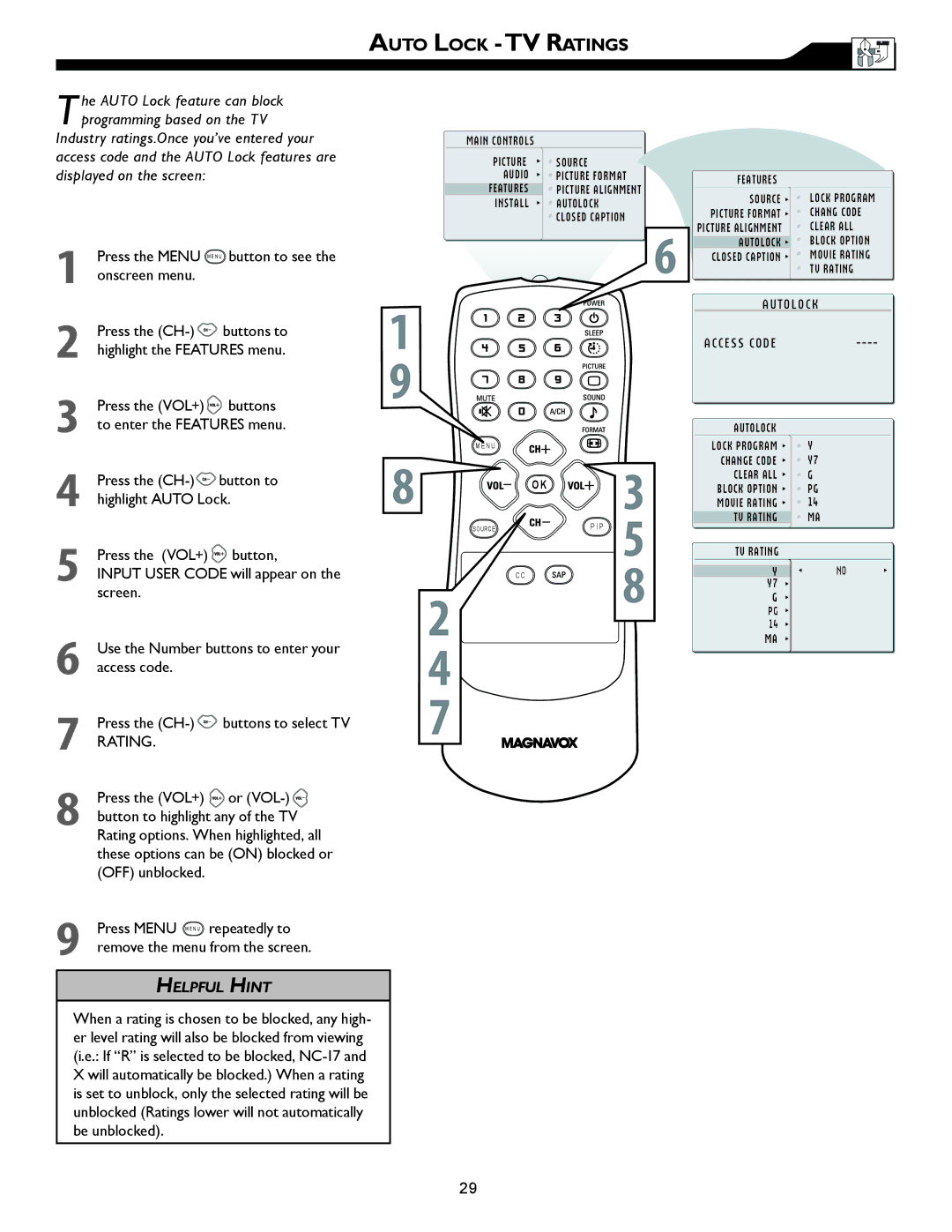 Magnavox 26MF605W, 32MF605W owner manual Auto Lock -TV Ratings 