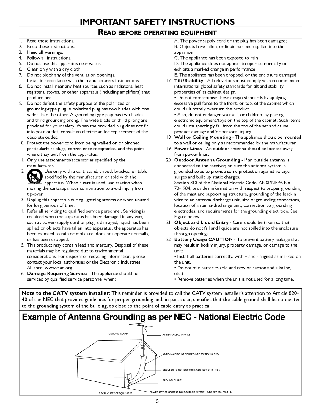 Magnavox 26MF605W, 32MF605W owner manual Important Safety Instructions, Read Before Operating Equipment 