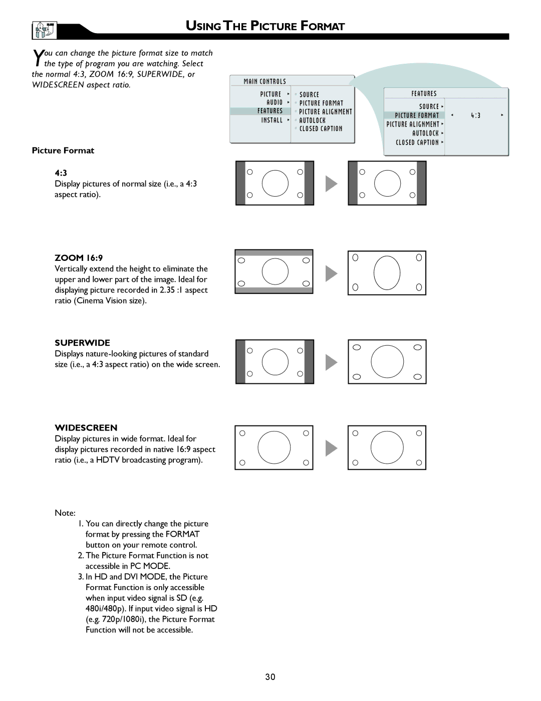 Magnavox 32MF605W, 26MF605W Using the Picture Format, Normal 43, Zoom 169, SUPERWIDE, or Widescreen aspect ratio 