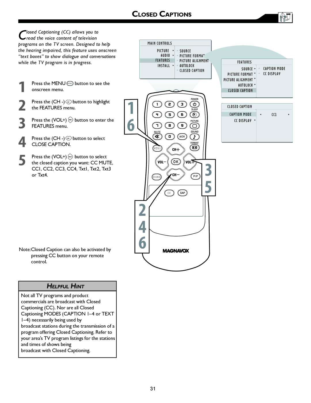 Magnavox 26MF605W, 32MF605W owner manual Closed Captions, Close Caption 