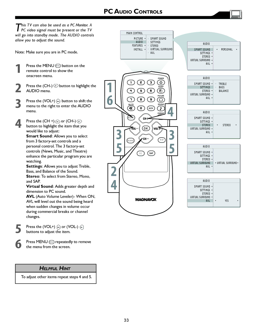 Magnavox 26MF605W, 32MF605W owner manual PC Audio Controls 