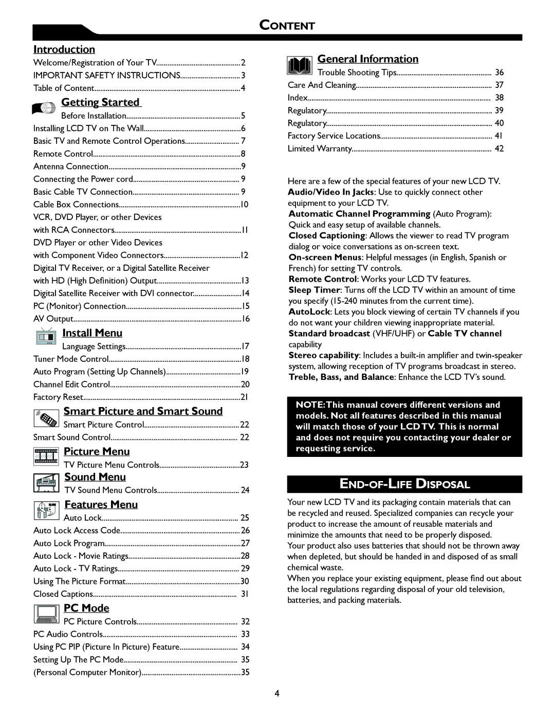 Magnavox 32MF605W, 26MF605W owner manual Getting Started, Content 