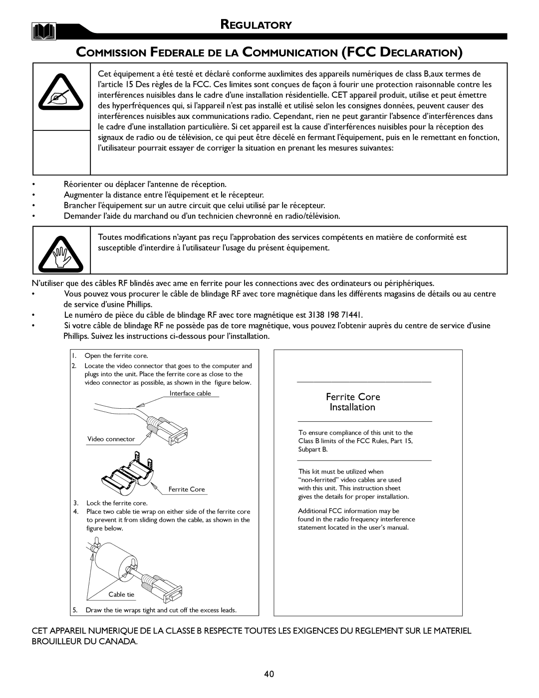 Magnavox 32MF605W, 26MF605W owner manual Ferrite Core Installation 