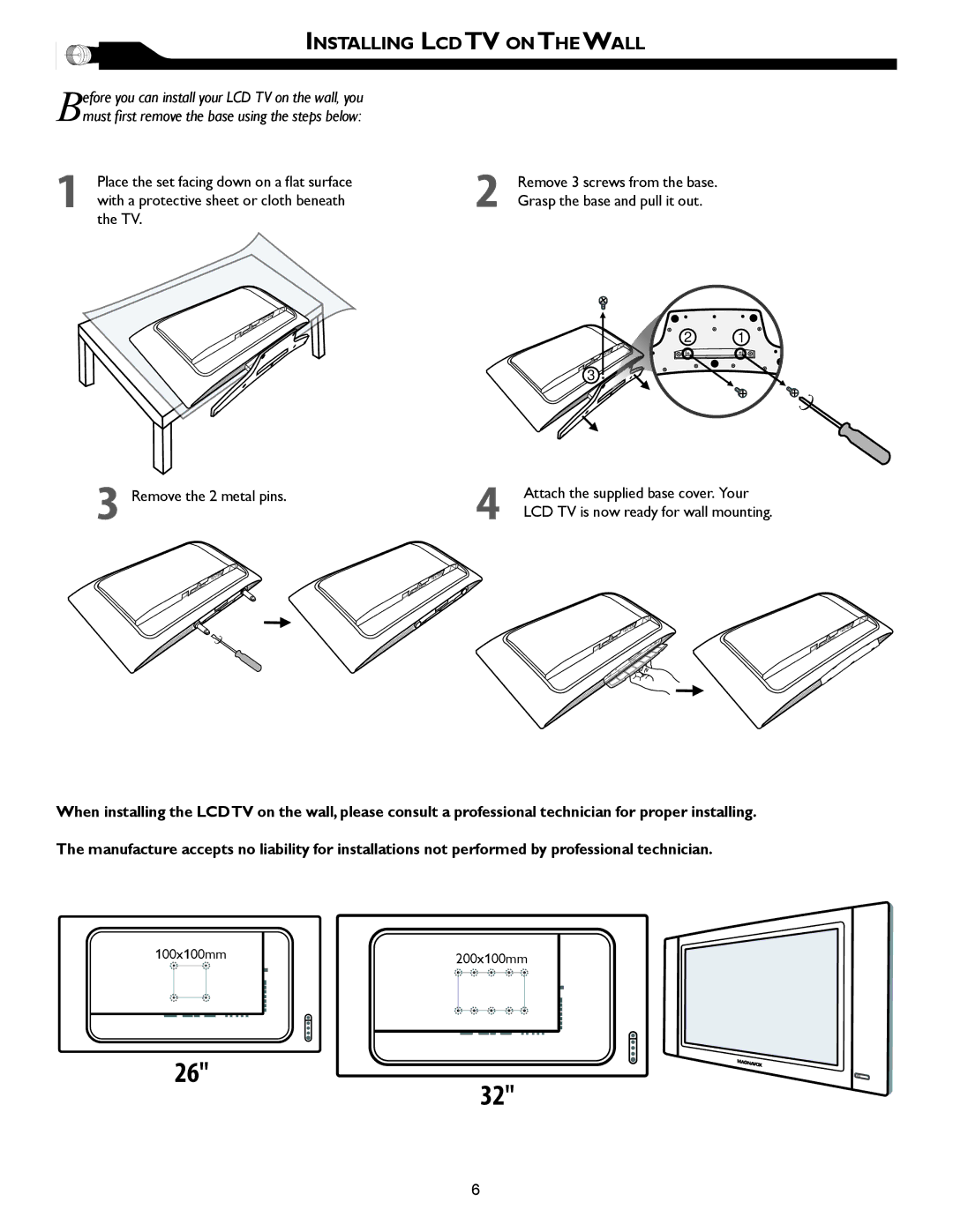 Magnavox 32MF605W, 26MF605W owner manual Installing LCD TV on the Wall, LCD TV is now ready for wall mounting 