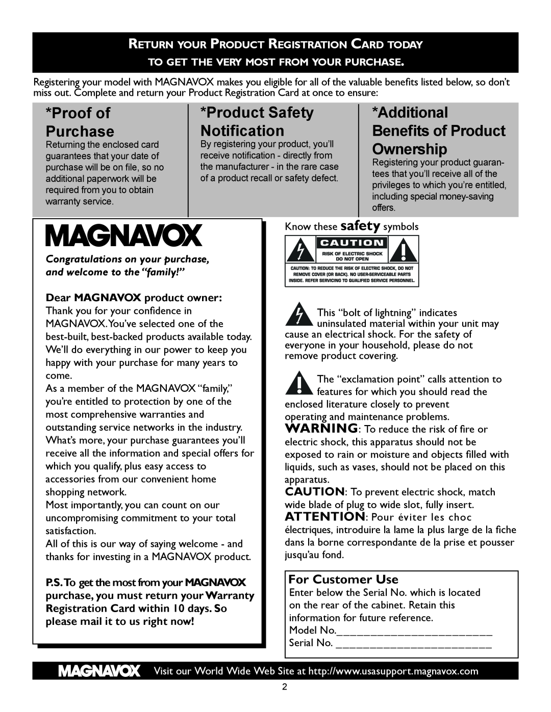 Magnavox 32MF605W, 26MF605W Proof of, Product Safety, Additional, Purchase, Beneﬁts of Product, Ownership, Notiﬁcation 