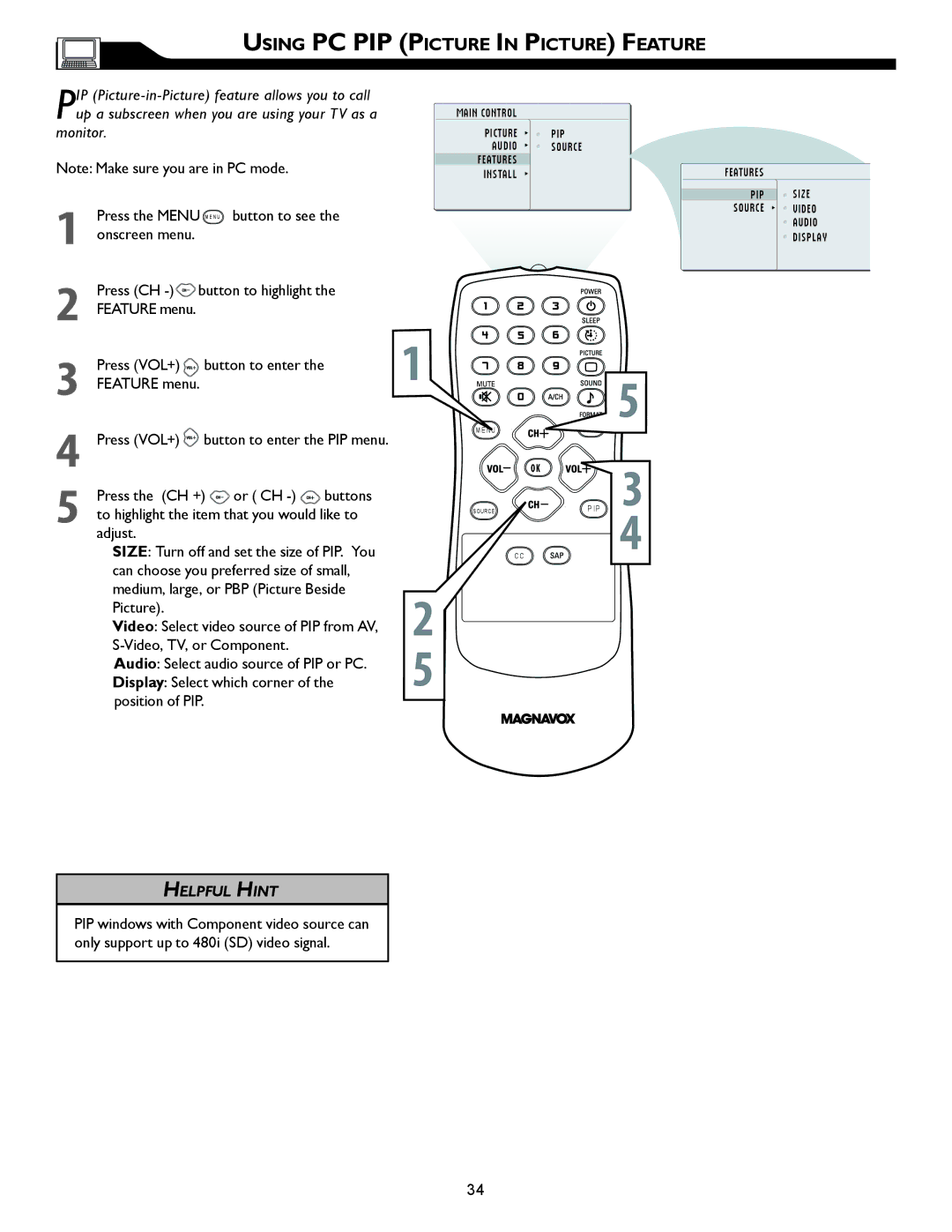 Magnavox 32MF605W Series owner manual Using PC PIP Picture in Picture Feature 