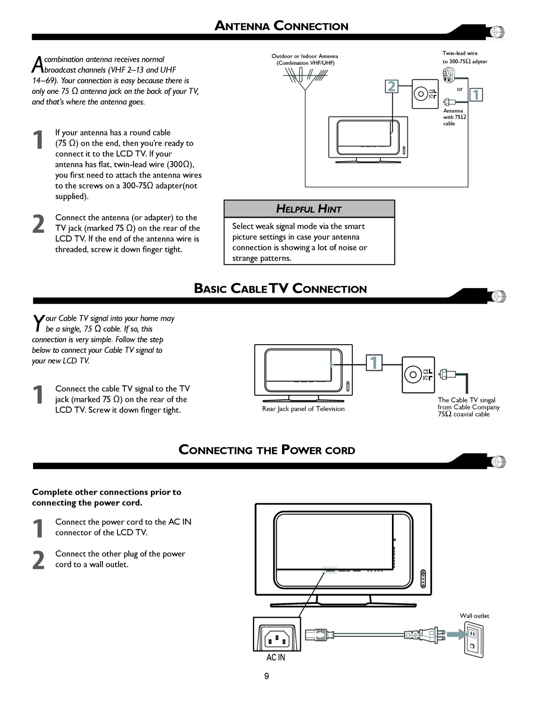 Magnavox 32MF605W Series owner manual Antenna Connection, Basic Cable TV Connection, Connecting the Power Cord 