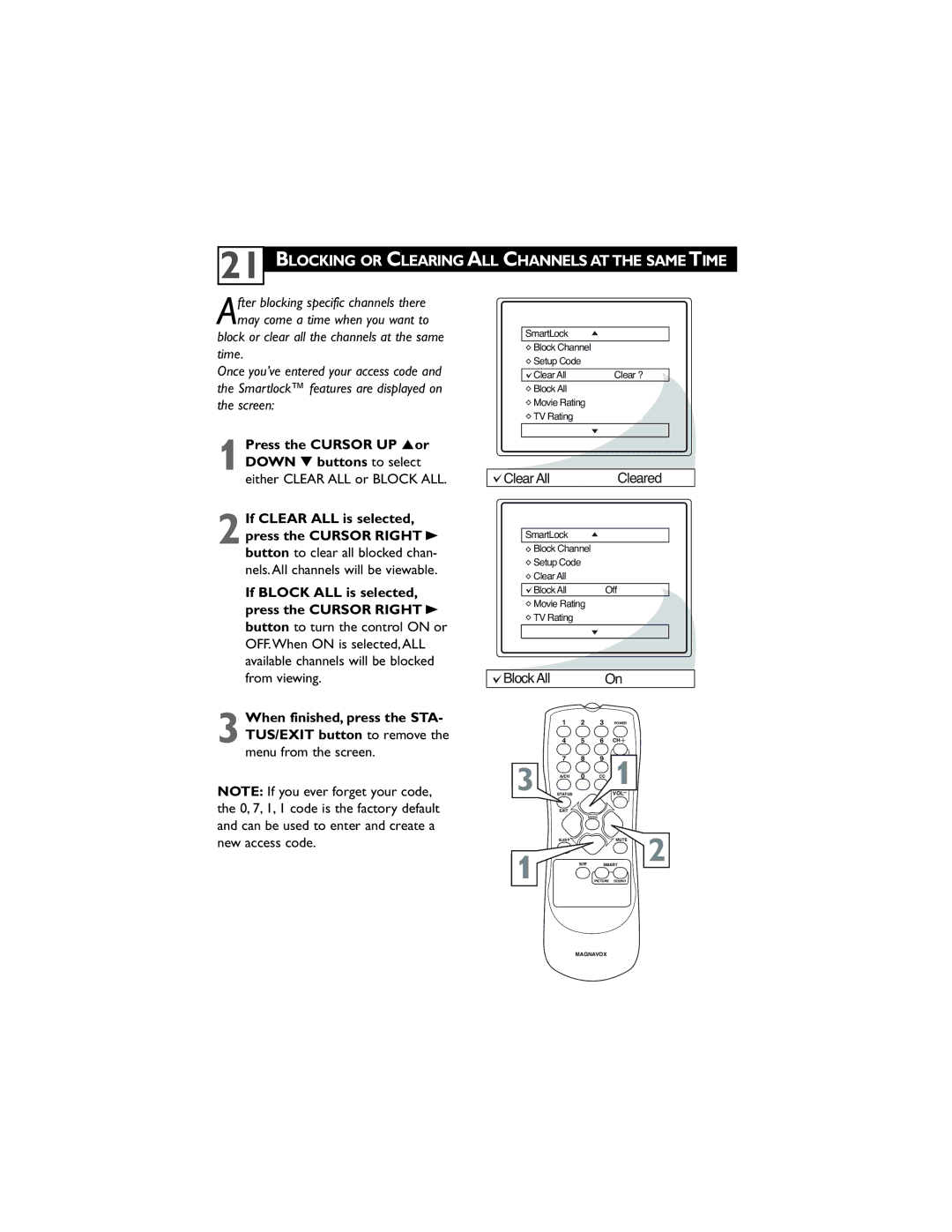 Magnavox 32MT3305/17 user manual Press the Cursor UP 5or Down buttons to select, Either Clear ALL or Block ALL 