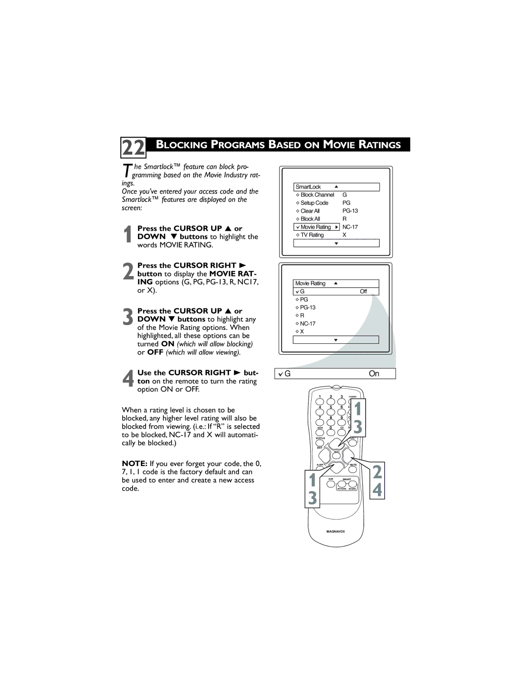 Magnavox 32MT3305/17 user manual Blocking Programs Based on Movie Ratings 