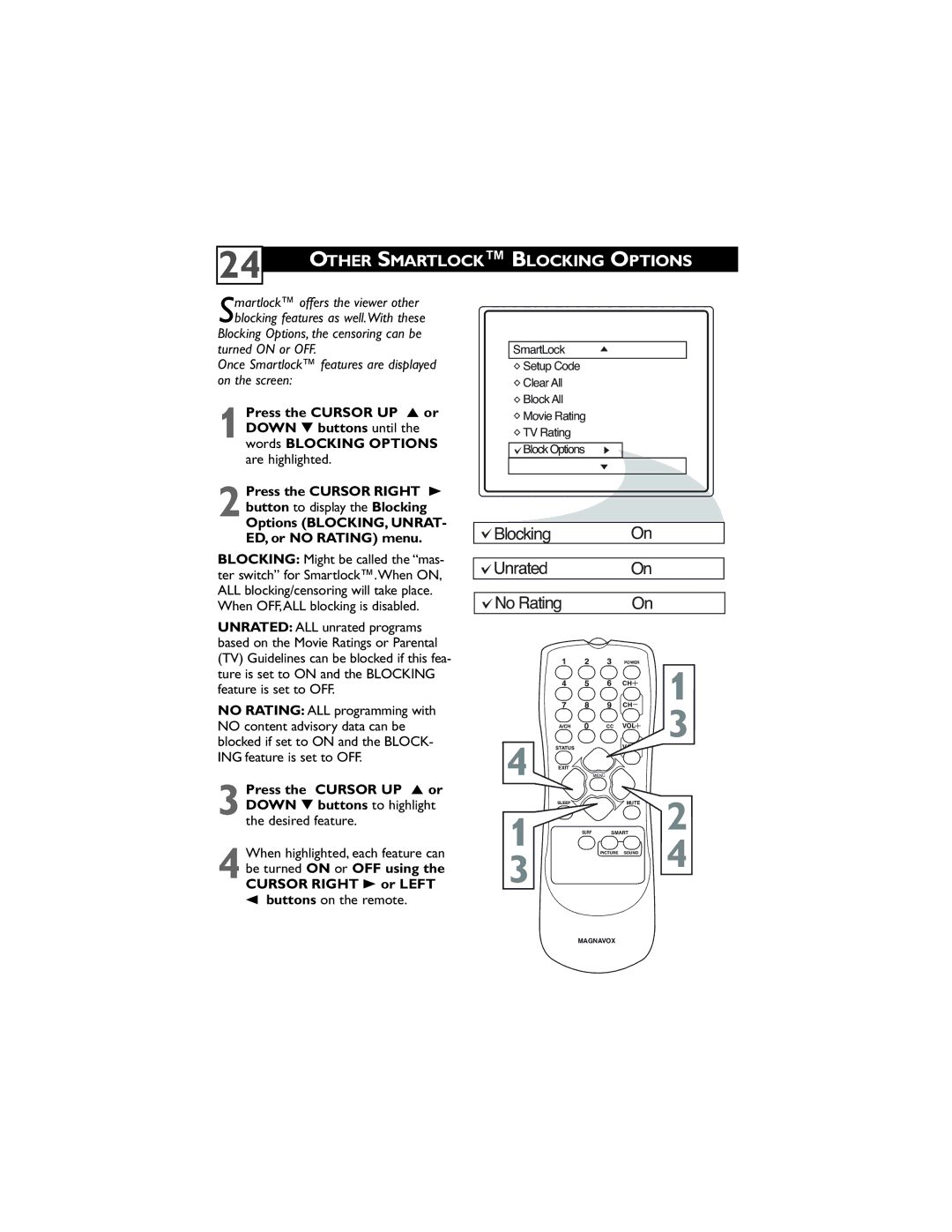 Magnavox 32MT3305/17 user manual Other Smartlock Blocking Options, When OFF,ALL blocking is disabled, Buttons on the remote 