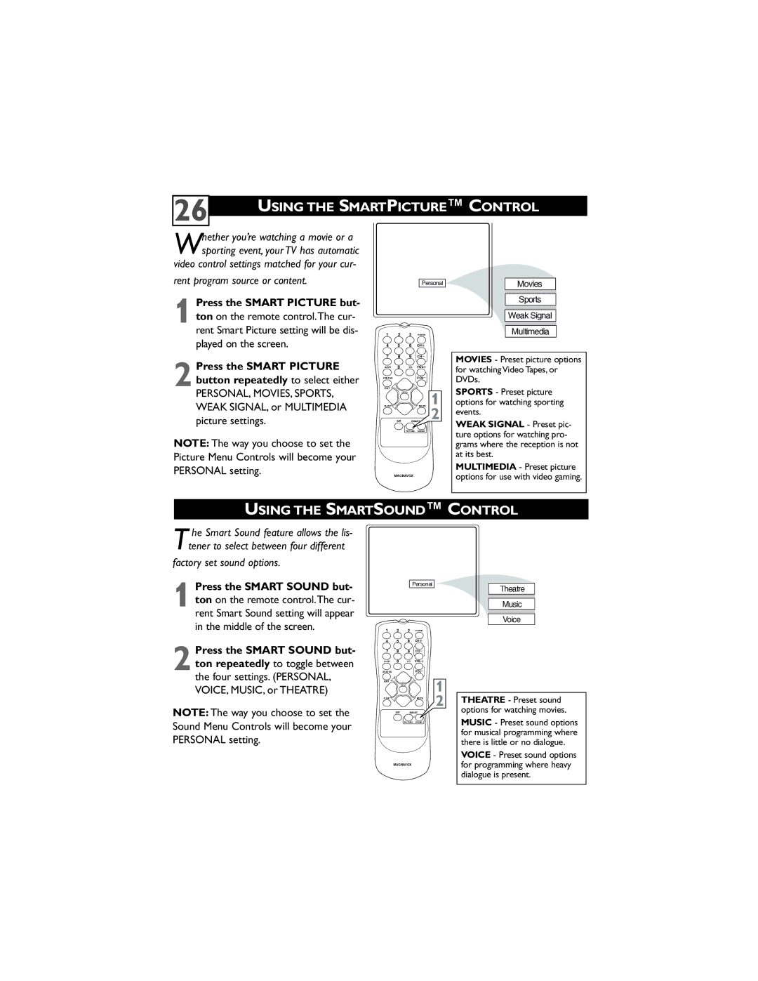 Magnavox 32MT3305/17 user manual Using the Smartpicture Control, Using the Smartsound Control 