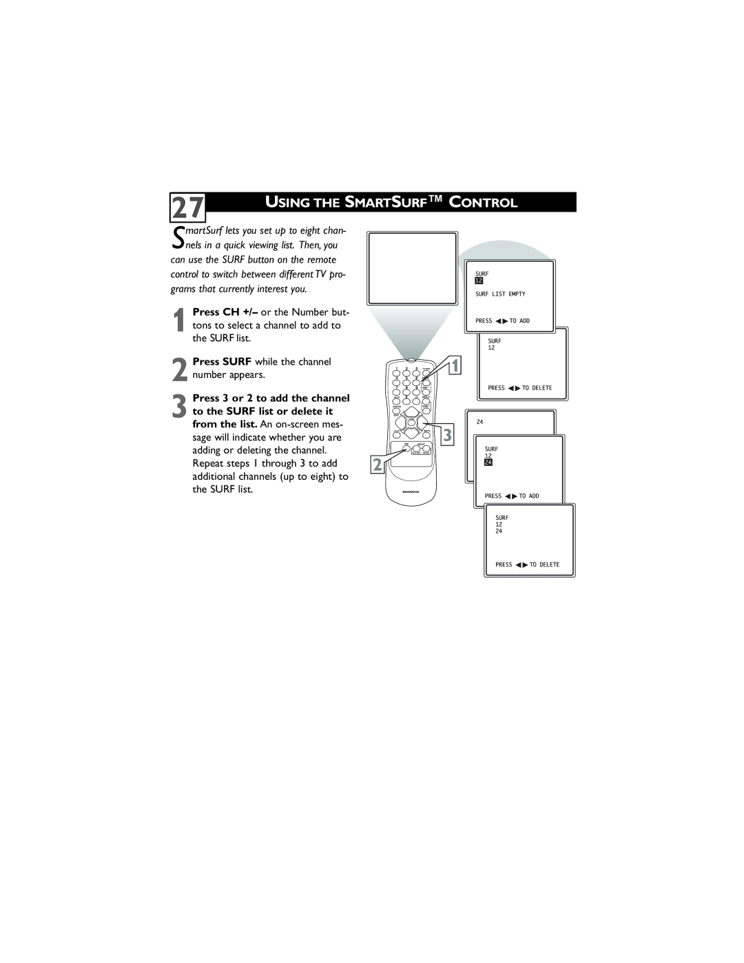 Magnavox 32MT3305/17 user manual Using the Smartsurf Control, Press Surf while the channel number appears 