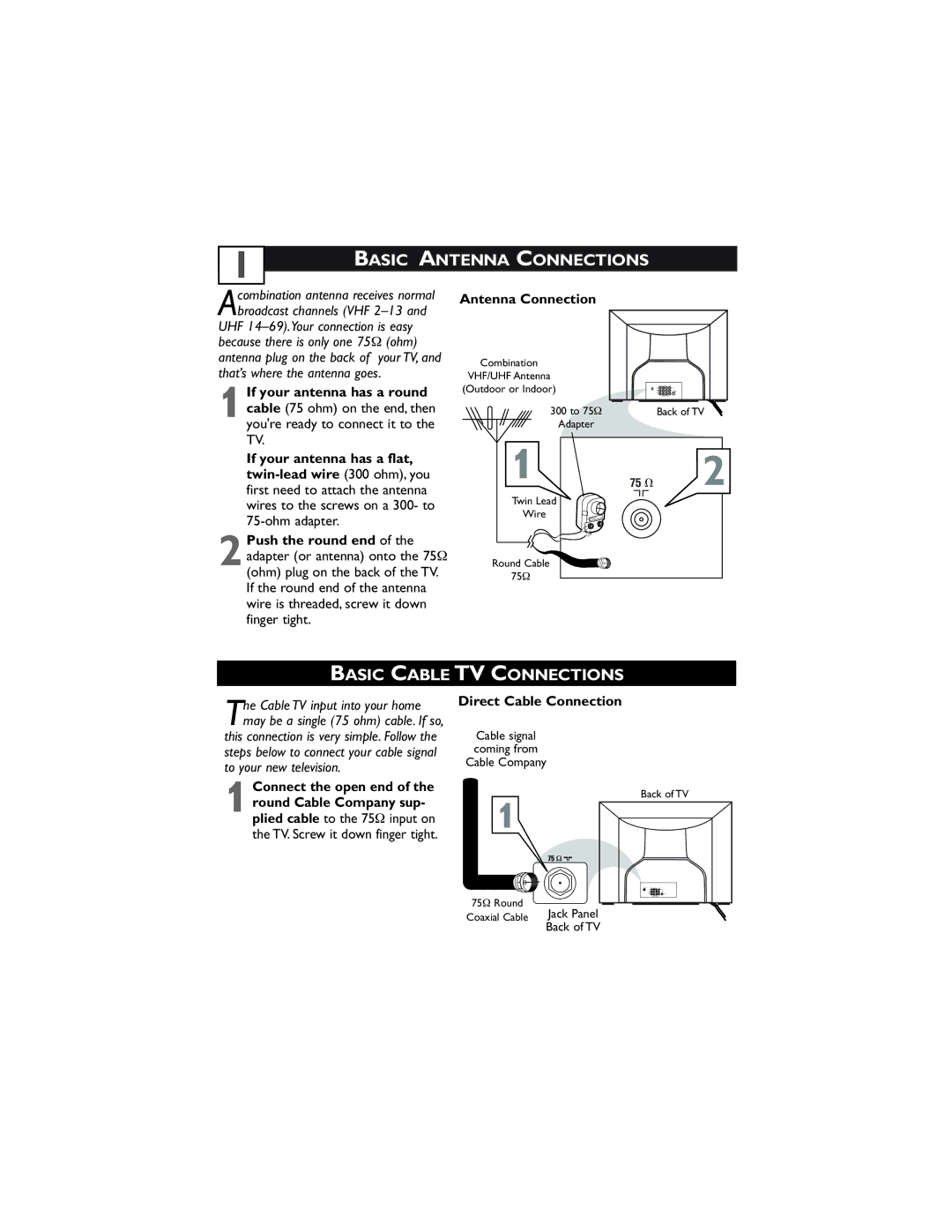 Magnavox 32MT3305/17 user manual Basic Antenna Connections, Basic Cable TV Connections, Direct Cable Connection 