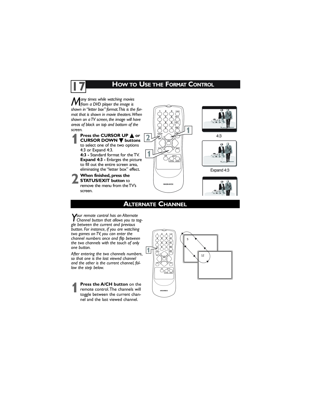 Magnavox 32MT3305/17 user manual How To Use The Format Control, Alternate Channel, remove the menu from the TV’s screen 