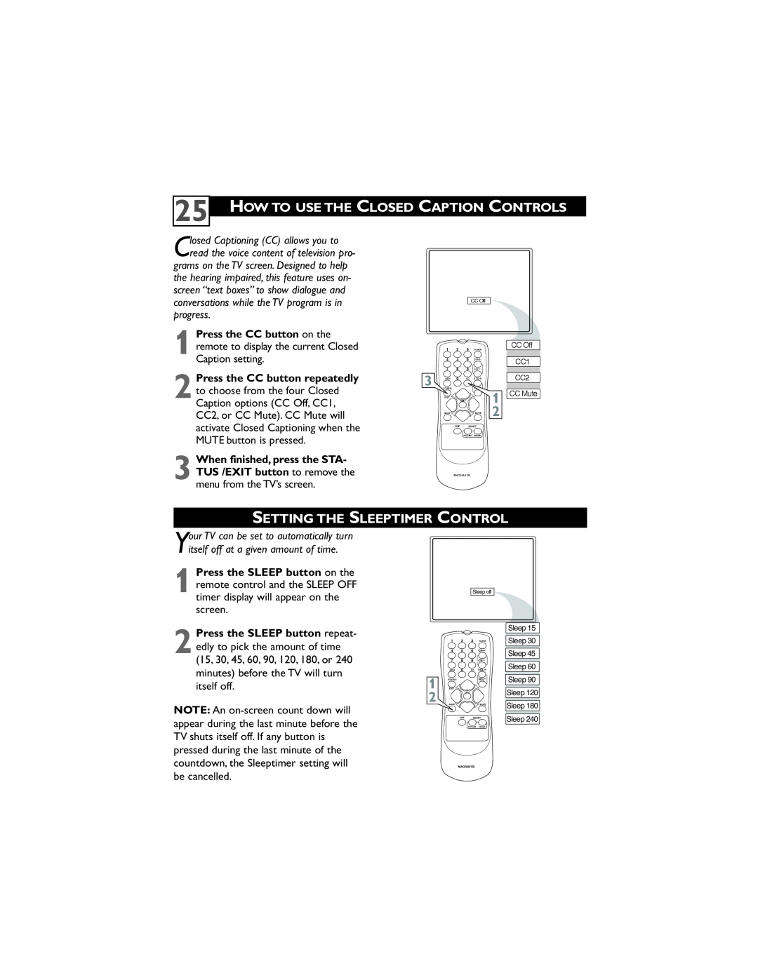 Magnavox 32MT3305/17 user manual How To Use The Closed Caption Controls, Setting The Sleeptimer Control 
