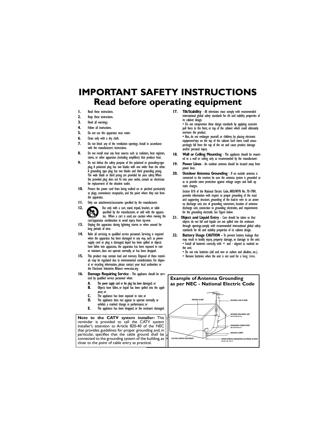 Magnavox 32MT3305/17 IMPORTANT SAFETY INSTRUCTIONS Read before operating equipment, Example of Antenna Grounding, ance or 
