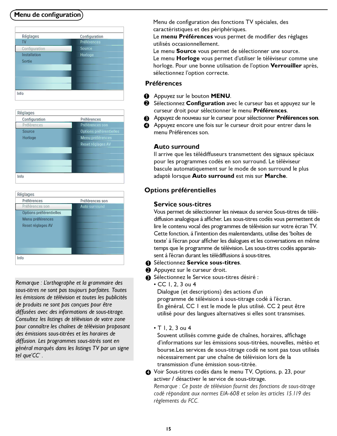 Magnavox 321D Préférences, Auto surround, Options préférentielles Service sous-titres, Sélectionnez Service sous-titres 