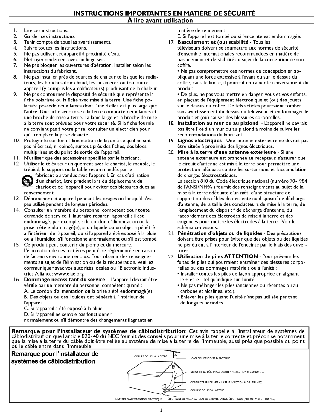 Magnavox 321D, 331D user manual Basculement et ou stabilité Tous les 