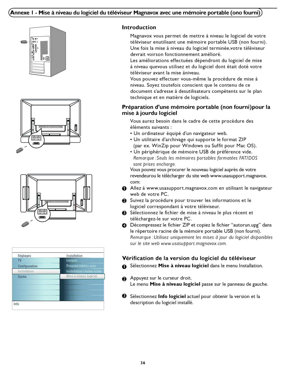 Magnavox 331D, 321D user manual Vériﬁcation de la version du logiciel du téléviseur, Sont prises encharge 