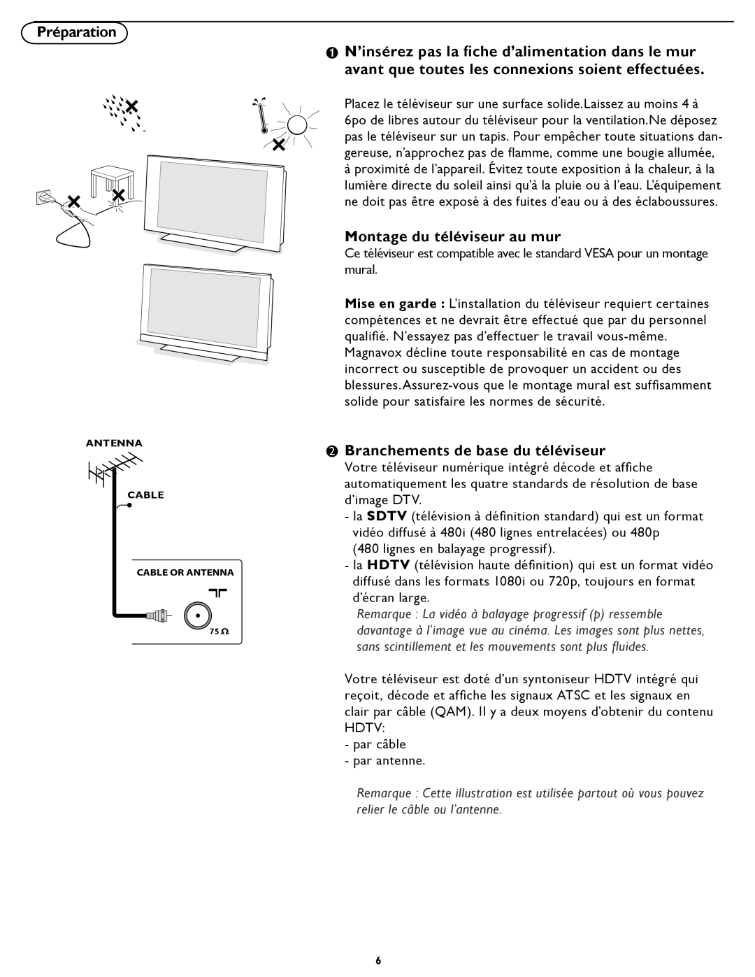 Magnavox 331D, 321D user manual Préparation, Montage du téléviseur au mur, Branchements de base du téléviseur 