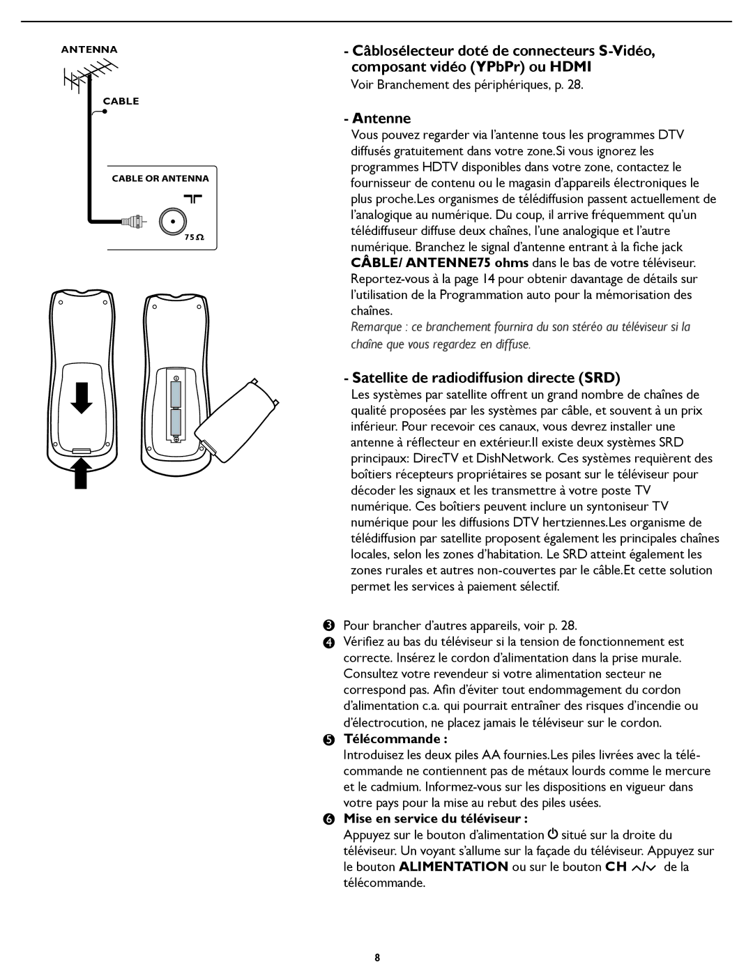 Magnavox 331D, 321D Antenne, Satellite de radiodiffusion directe SRD, Télécommande, Mise en service du téléviseur 