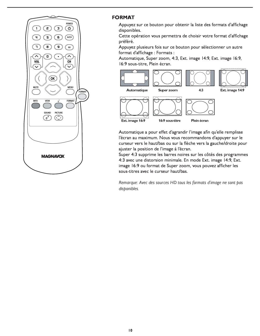 Magnavox 331D, 321D user manual Format, Automatique, Super zoom, Ext. image, sous-titre 