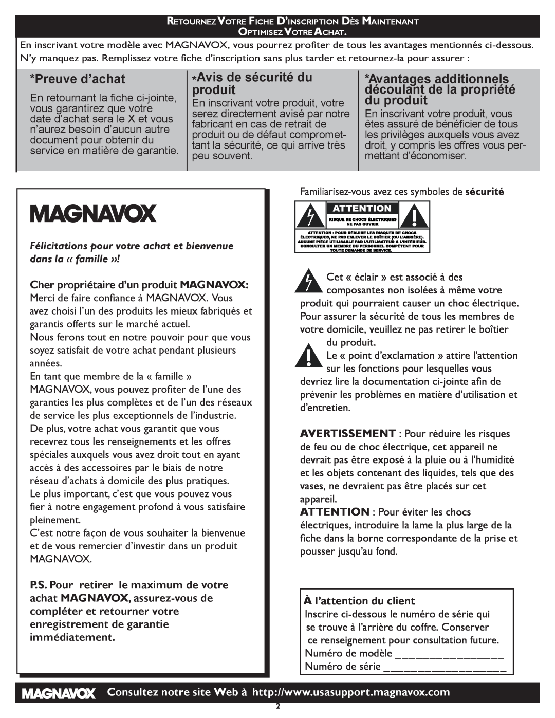 Magnavox 331D Preuve d’achat, Avis de sécurité du produit, Avantages additionnels découlant de la propriété du produit 