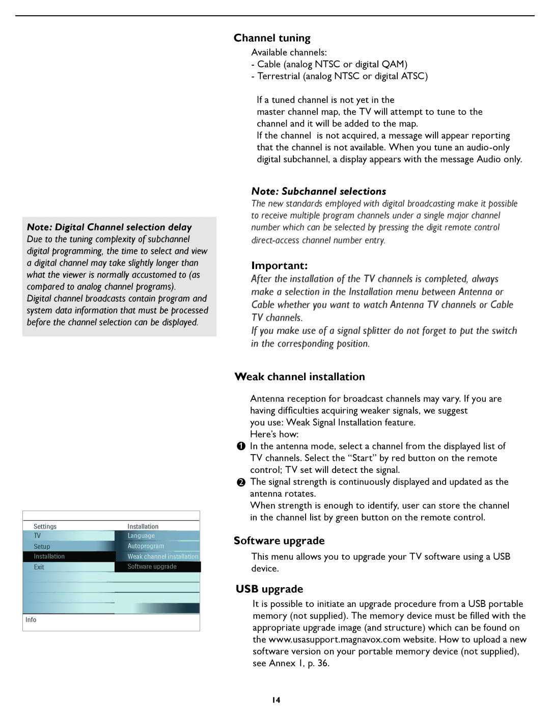 Magnavox 37MF231D user manual Channel tuning, Weak channel installation, Software upgrade, USB upgrade 