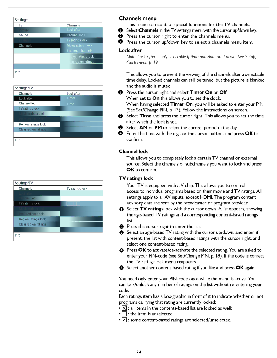 Magnavox 37MF231D user manual Channels menu, Lock after, Channel lock, TV ratings lock 