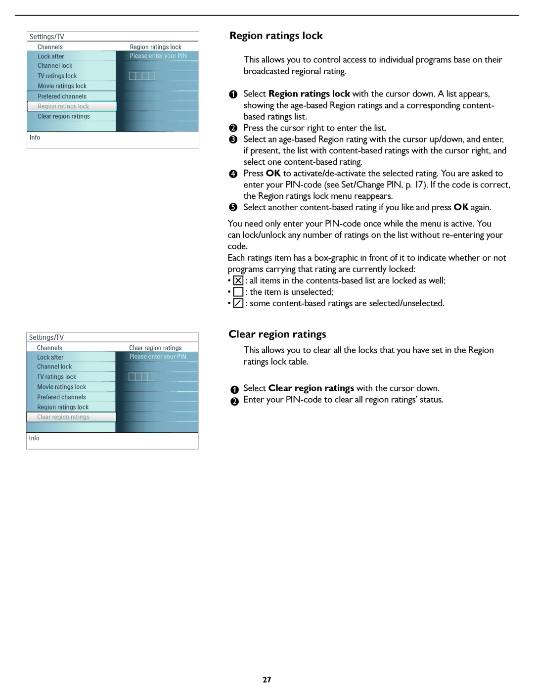 Magnavox 37MF231D user manual Region ratings lock, Clear region ratings 