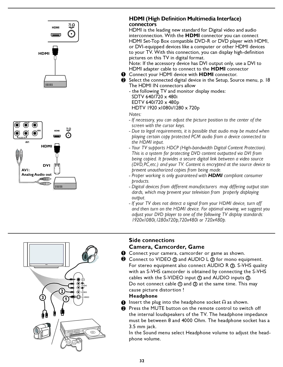 Magnavox 37MF231D Hdmi High Deﬁnition Multimedia Interface connectors, Side connections Camera, Camcorder, Game, Headphone 