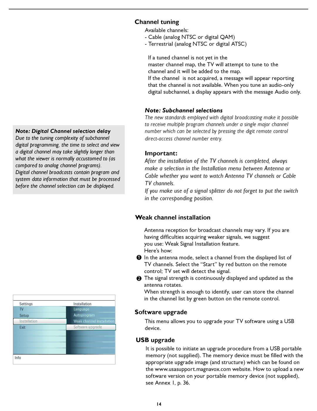 Magnavox 37MF321D user manual Channel tuning, Weak channel installation, Software upgrade, USB upgrade 
