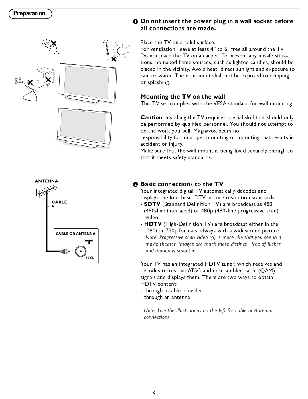 Magnavox 37MF321D user manual Preparation, Mounting the TV on the wall, Basic connections to the TV 