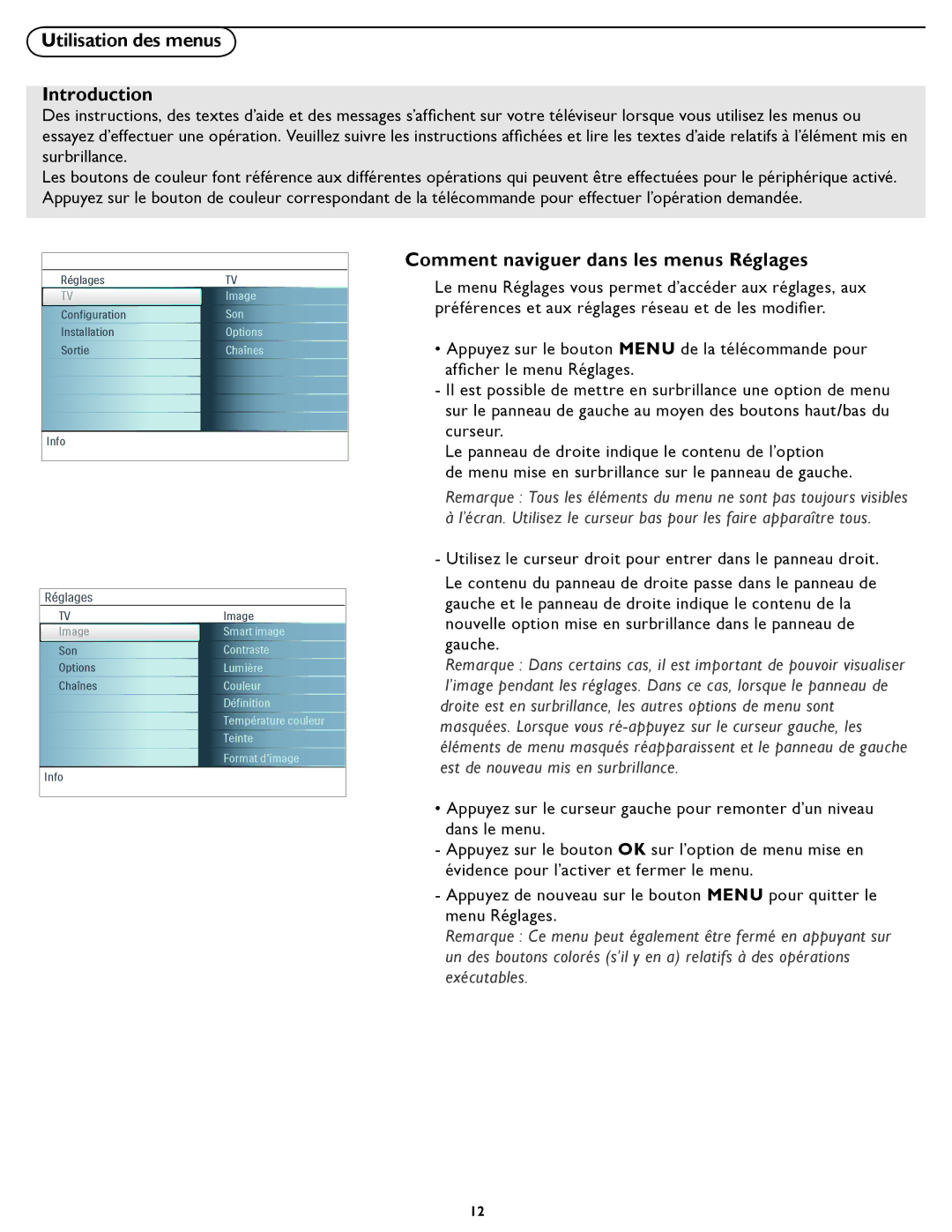 Magnavox 37MF331D user manual Utilisation des menus Introduction, Comment naviguer dans les menus Réglages 