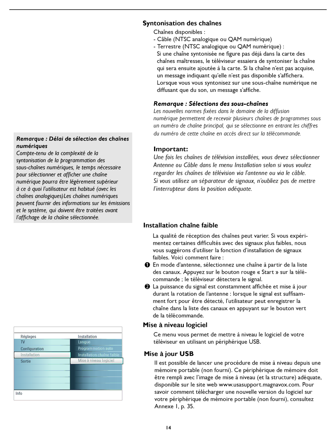 Magnavox 37MF331D Syntonisation des chaînes, Installation chaîne faible, Mise à niveau logiciel, Mise à jour USB 