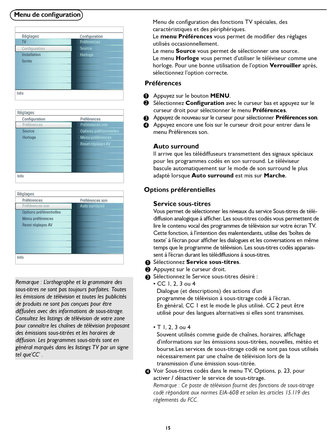 Magnavox 37MF331D user manual Préférences, Auto surround, Options préférentielles Service sous-titres 