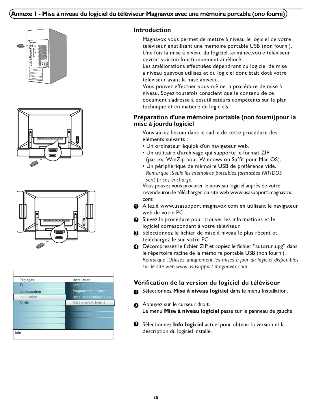 Magnavox 37MF331D user manual Vériﬁcation de la version du logiciel du téléviseur, Sont prises encharge 