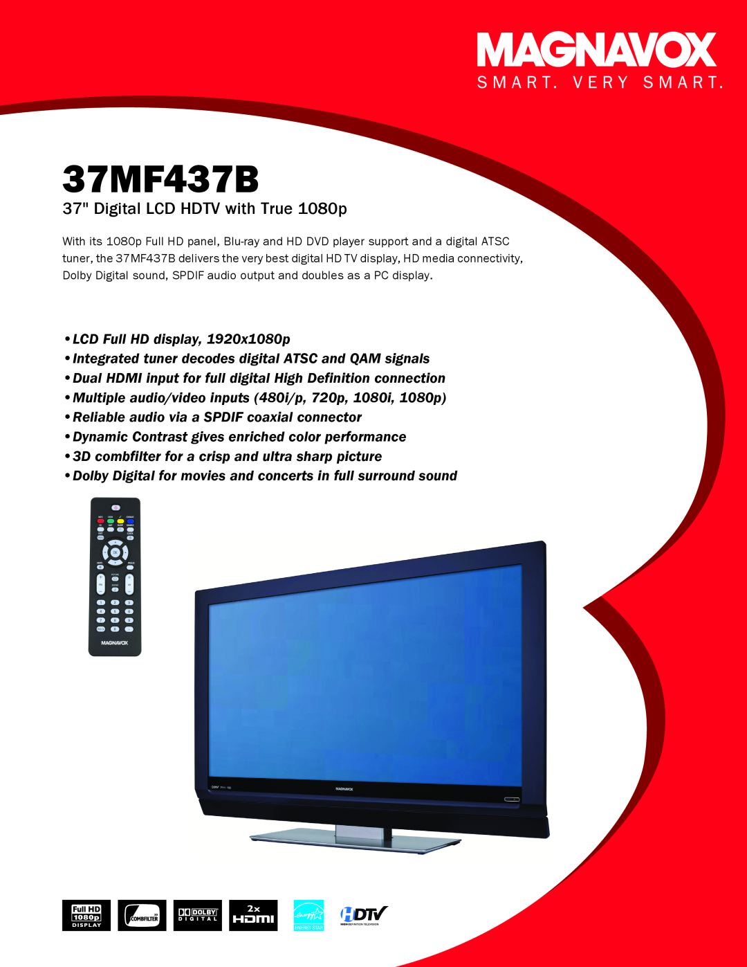 Magnavox 37MF437B manual Digital LCD HDTV with True 1080p, LCD Full HD display, 1920x1080p 