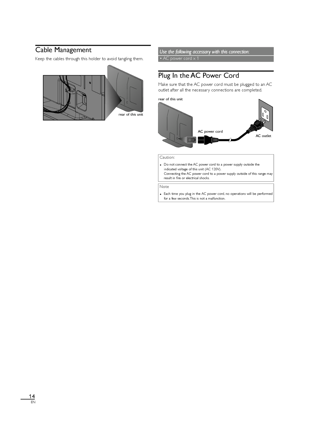 Magnavox 40MF430B Cable Management, Plug In the AC Power Cord, Keep the cables through this holder to avoid tangling them 