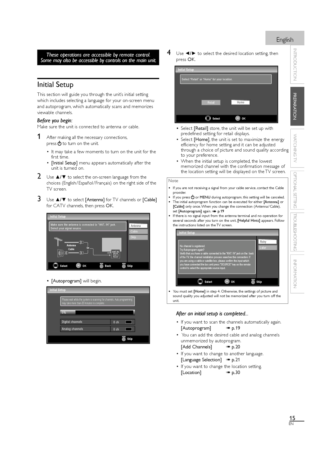 Magnavox 40MF430B owner manual Initial Setup, Make sure the unit is connected to antenna or cable, Autoprogram will begin 