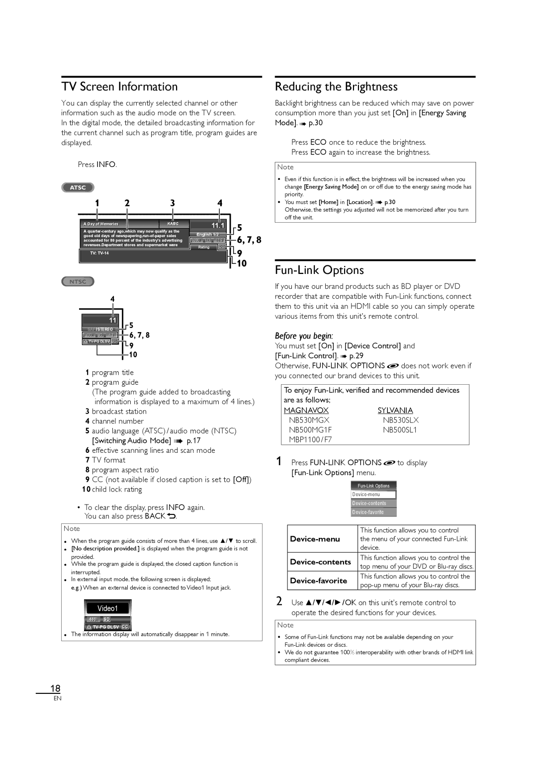 Magnavox 40MF430B TV Screen Information, Reducing the Brightness, Fun-Link Options, This function allows you to control 