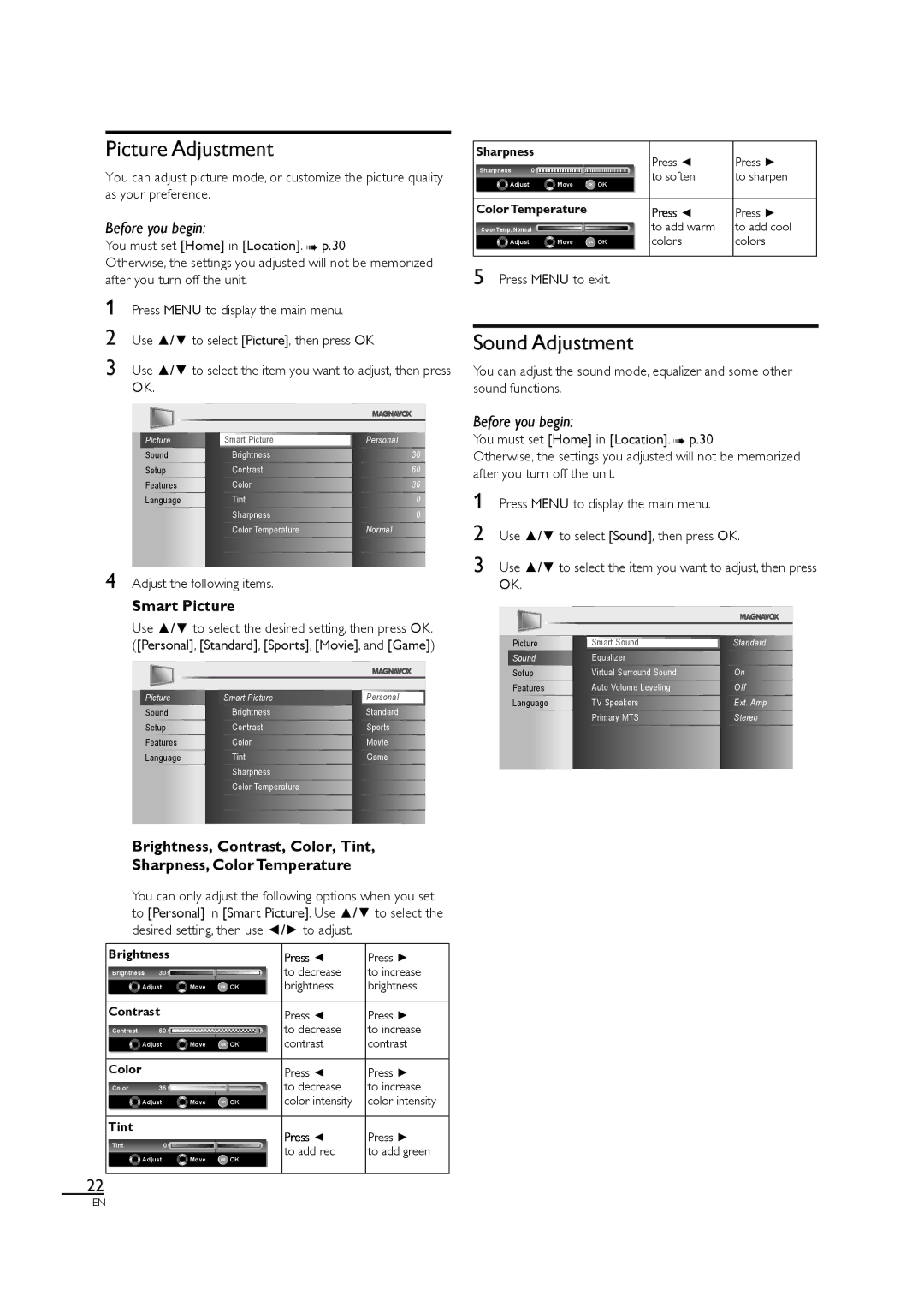 Magnavox 40MF430B owner manual Picture Adjustment, Sound Adjustment, Smart Picture, Adjust the following items 