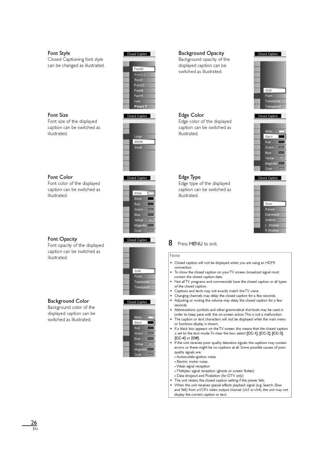 Magnavox 40MF430B owner manual Illustrated, Font opacity of the displayed caption can be switched as 