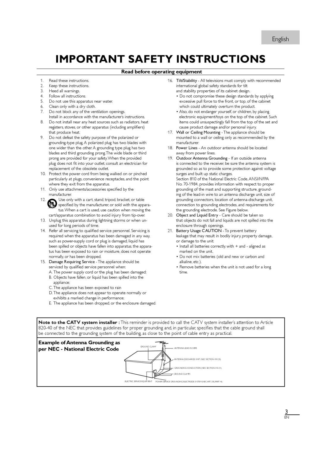 Magnavox 40MF430B owner manual Read before operating equipment, Appliance Appliance has been exposed to rain 