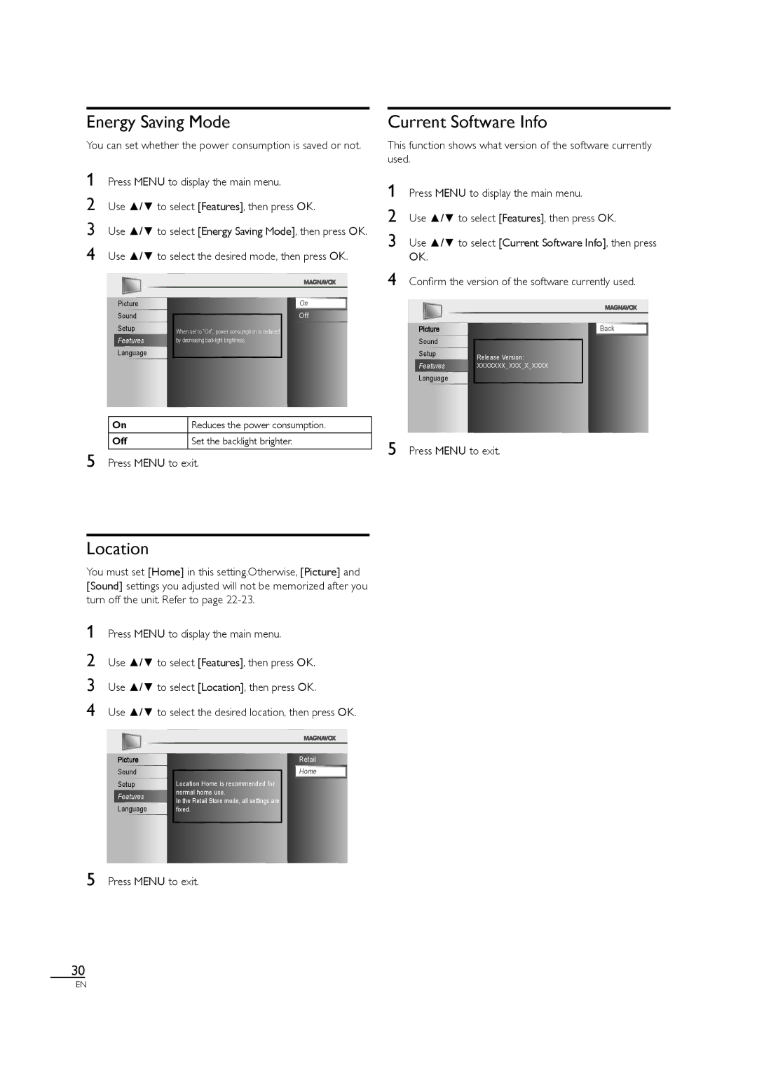 Magnavox 40MF430B owner manual Energy Saving Mode, Current Software Info, Location 