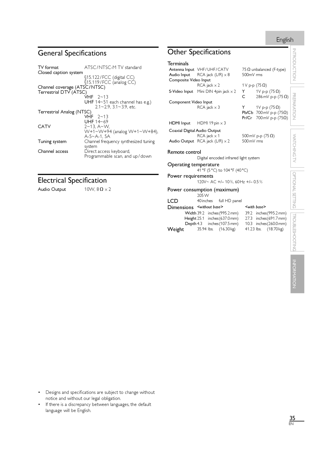 Magnavox 40MF430B owner manual General Speciﬁcations, Electrical Speciﬁcation, Other Speciﬁcations 